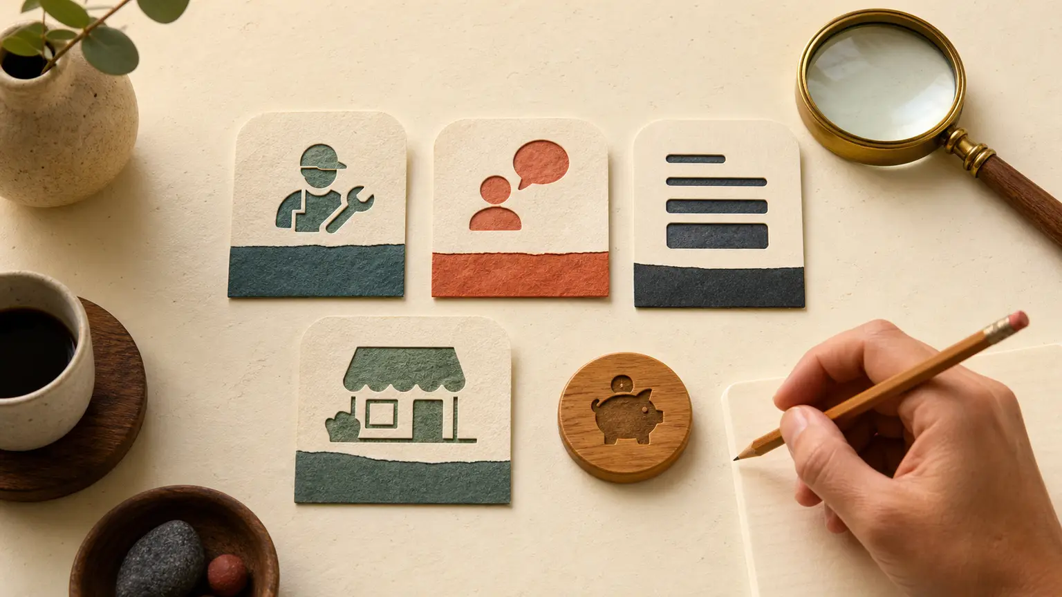 Des cartes tactiles représentent un service, une conversation, une recherche, une entreprise locale et la valeur d’un client.